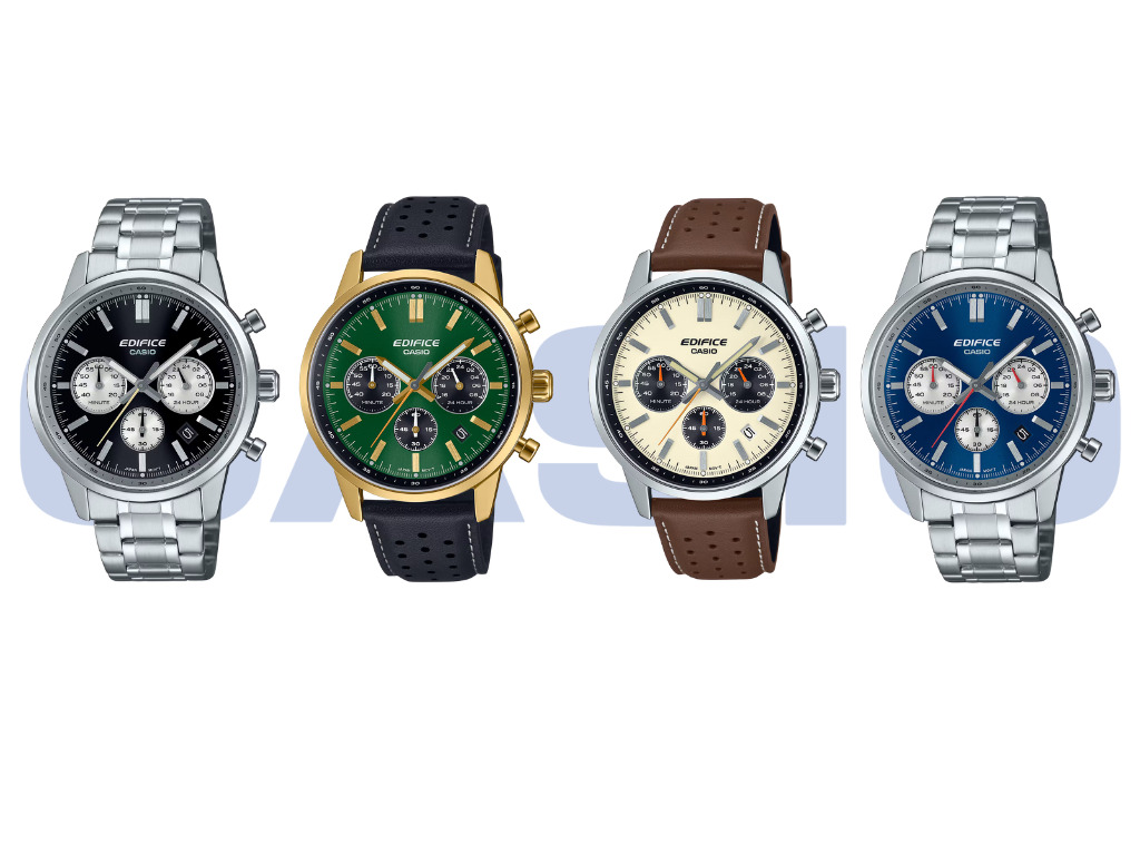 Nouveaux produits de Casio : montre élégante Edifice EFR-575 avec différents bracelets Casio présente les nouveaux modèles Edifice EFR-575 : choix du bracelet en cuir ou en métal