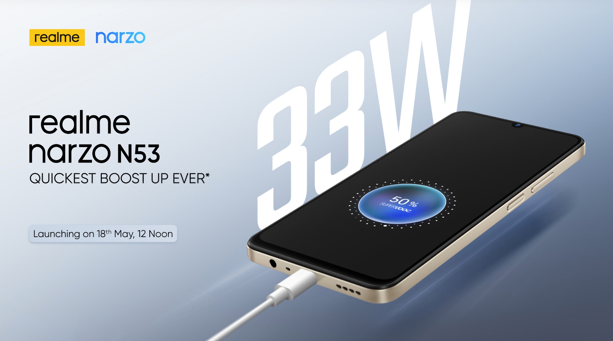 realme dévoilera le 18 mai le Narzo N53, un smartphone économique doté d'un écran LCD, d'une batterie de 5 000 mAh et d'une capacité de charge de 33 W. realme dévoilera le 18 mai le Narzo N53, un smartphone économique doté d'un écran LCD, d'une batterie de 5 000 mAh et d'une capacité de charge de 33 W.