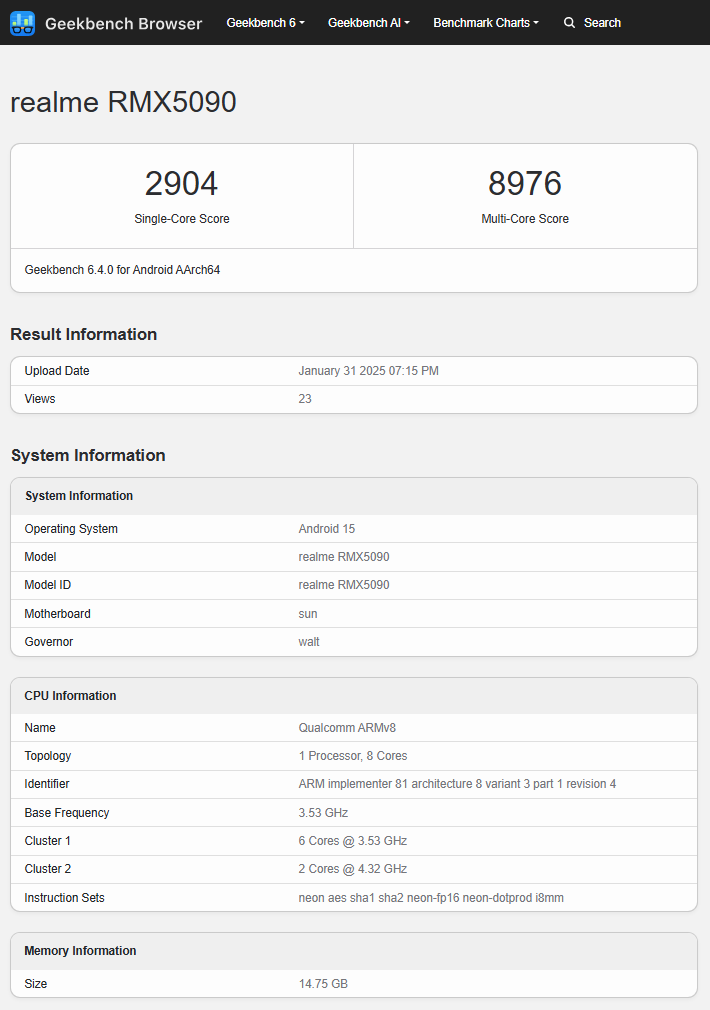 Résultats du test de performance du Realme RMX5090 (GT 7). Illustration : Geekbench