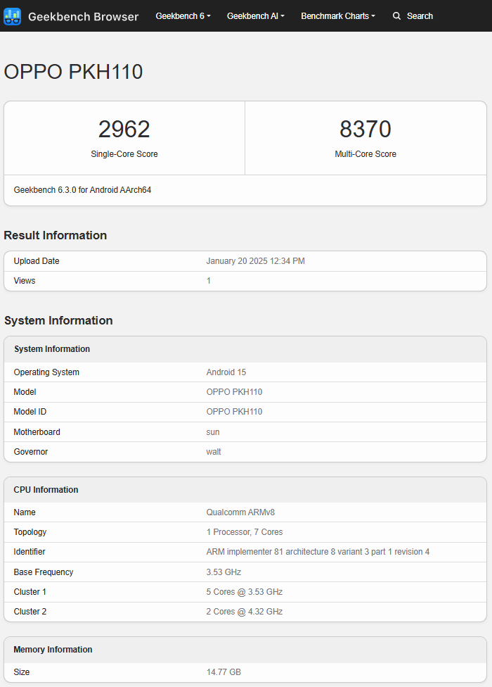 Résultats du test du Oppo Find N5 (modèle PKH100). Illustration : Geekbench