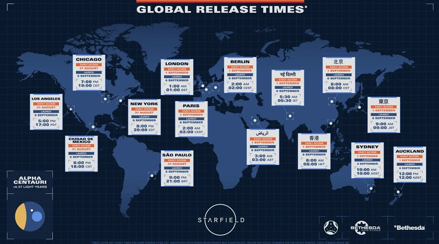Bethesda a publié une carte visuelle indiquant les dates de sortie de Starfield dans les différents fuseaux horaires et a rappelé la configuration requise pour son ambitieux jeu de rôle.-2 Bethesda a publié une carte visuelle indiquant les dates de sortie de Starfield dans les différents fuseaux horaires et a rappelé la configuration requise pour son ambitieux jeu de rôle.-2
