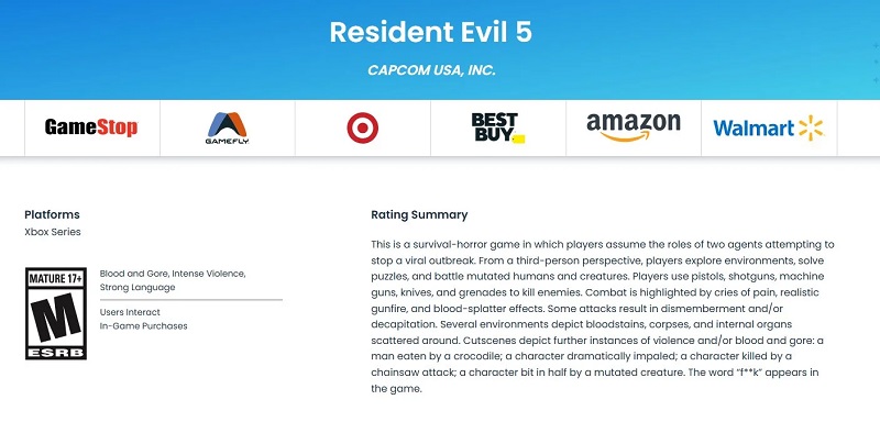 Classification par âge de Resident Evil 5 pour la série Xbox. Source : ESRB Classification par âge de Resident Evil 5 pour la série Xbox. Source : ESRB