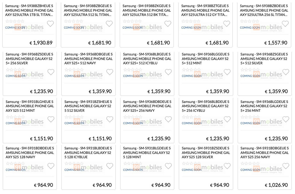 Comparaison des prix pour le Samsung Galaxy S25 avec différentes modifications
