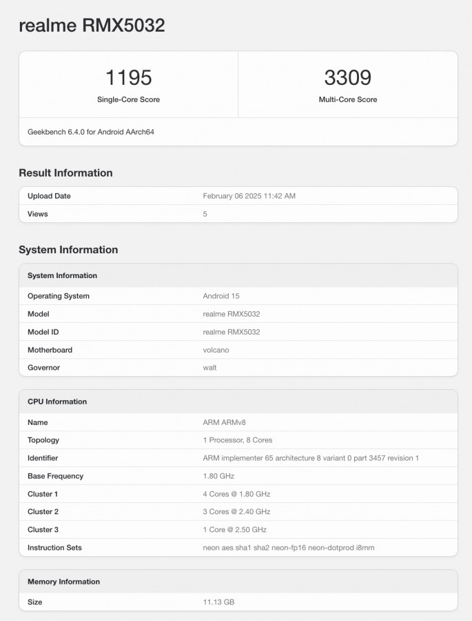 Résultats des tests de performance de Realme P3 Pro sur Geekbench