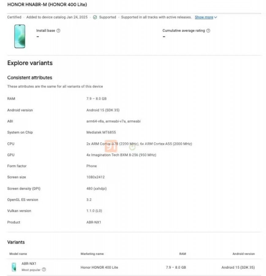 Affichage du Honor 400 Lite