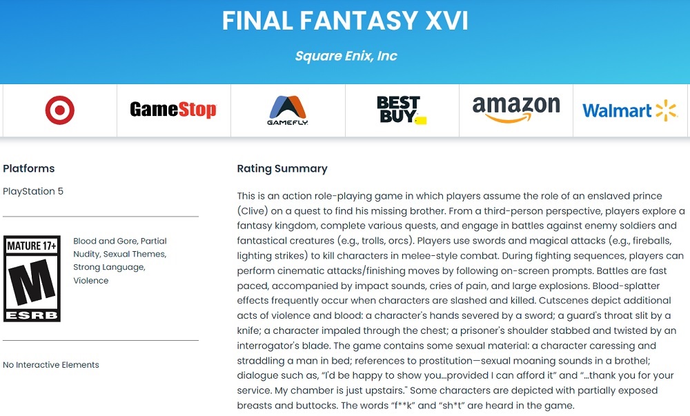 Nudité, violence et langage grossier : Le jeu de rôle japonais Final Fantasy XVI est classé M (17+) par l'ESRB.-2 Nudité, violence et langage grossier : Le jeu de rôle japonais Final Fantasy XVI est classé M (17+) par l'ESRB.-2