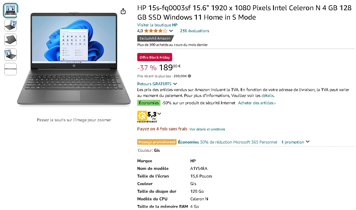 HP 15s-fq0003sf - PC portable avec écran Full HD