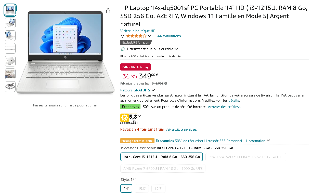 HP Laptop 14s-dq5001sf HP Laptop 14s-dq5001sf - Capture d'écran de la page produit sur Amazon