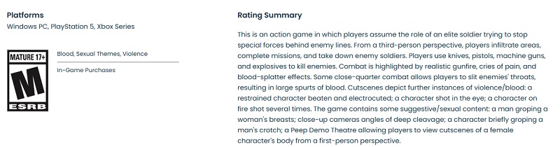 Capture d'écran de la description du jeu sur le site de l'ESRB