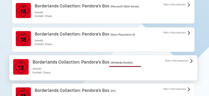 La collection Borderlands : Pandora's Box pourrait également sortir sur Nintendo Switch - comme l'indiquent les informations d'une agence de notation allemande.-2 La collection Borderlands : Pandora's Box pourrait également sortir sur Nintendo Switch - comme l'indiquent les informations d'une agence de notation allemande.-2