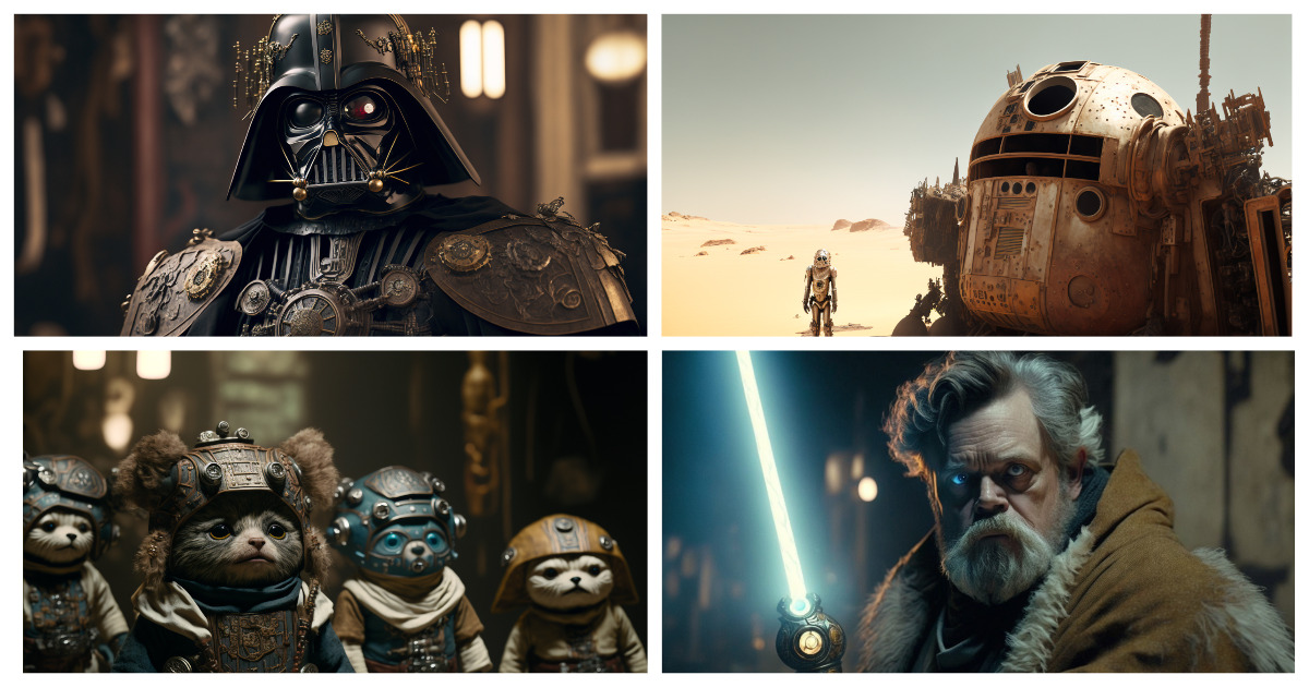 Un réseau neuronal représente des planètes et des personnages emblématiques de Star Wars dans un style steampunk