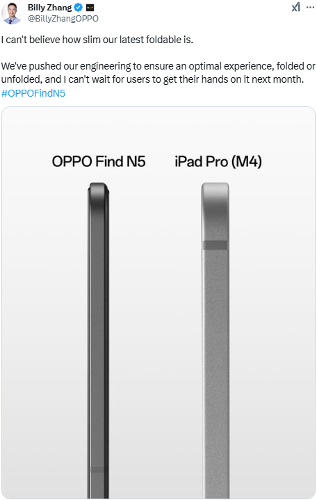 L'Oppo Find N5 est plus fin que l'iPad Pro M4