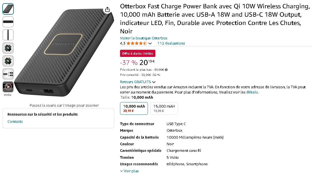 Image de la batterie externe Otterbox Fast Charge Capture d'écran de la page des Otterbox Fast Charge