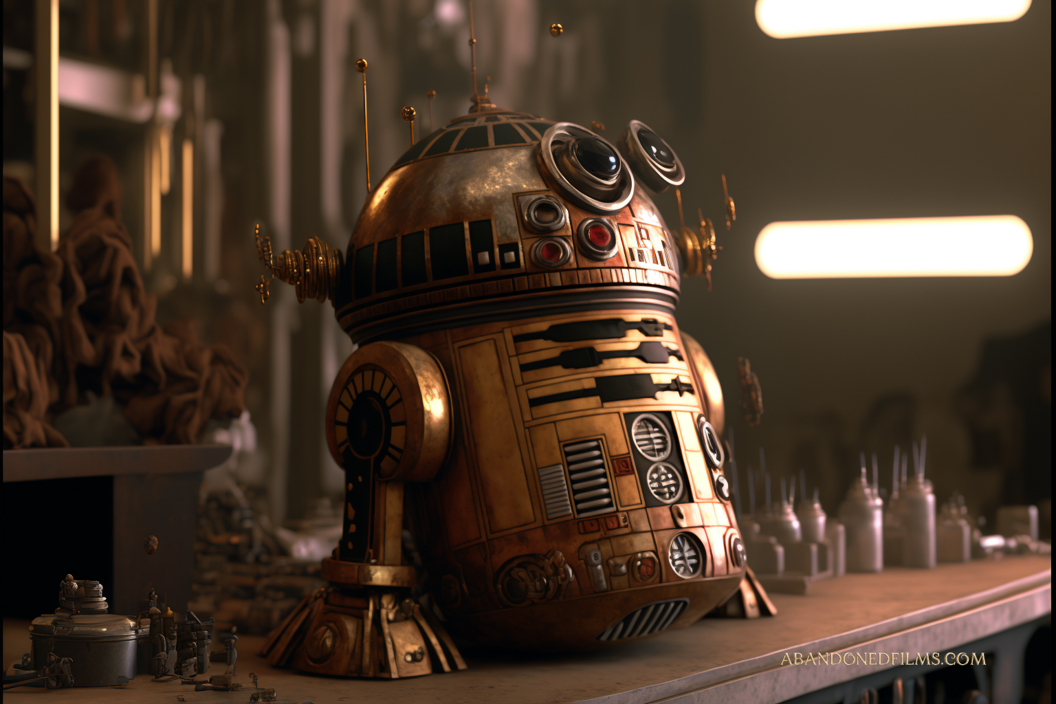 Un réseau neuronal représente des planètes et des personnages emblématiques de Star Wars dans un style steampunk-10