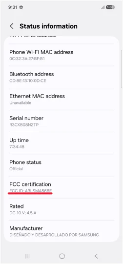 Capture d'écran des informations sur le smartphone Galaxy A56 provenant de la base de données de la FCC