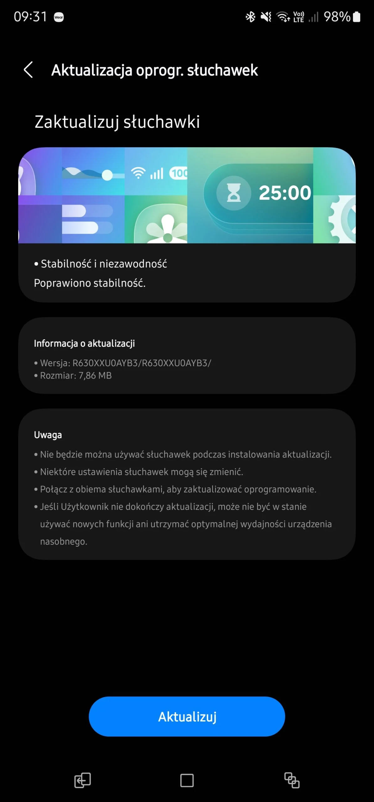 Mise à jour du Samsung Galaxy Buds 3 Pro Capture d'écran de la mise à jour pour Samsung Galaxy Buds 3 Pro