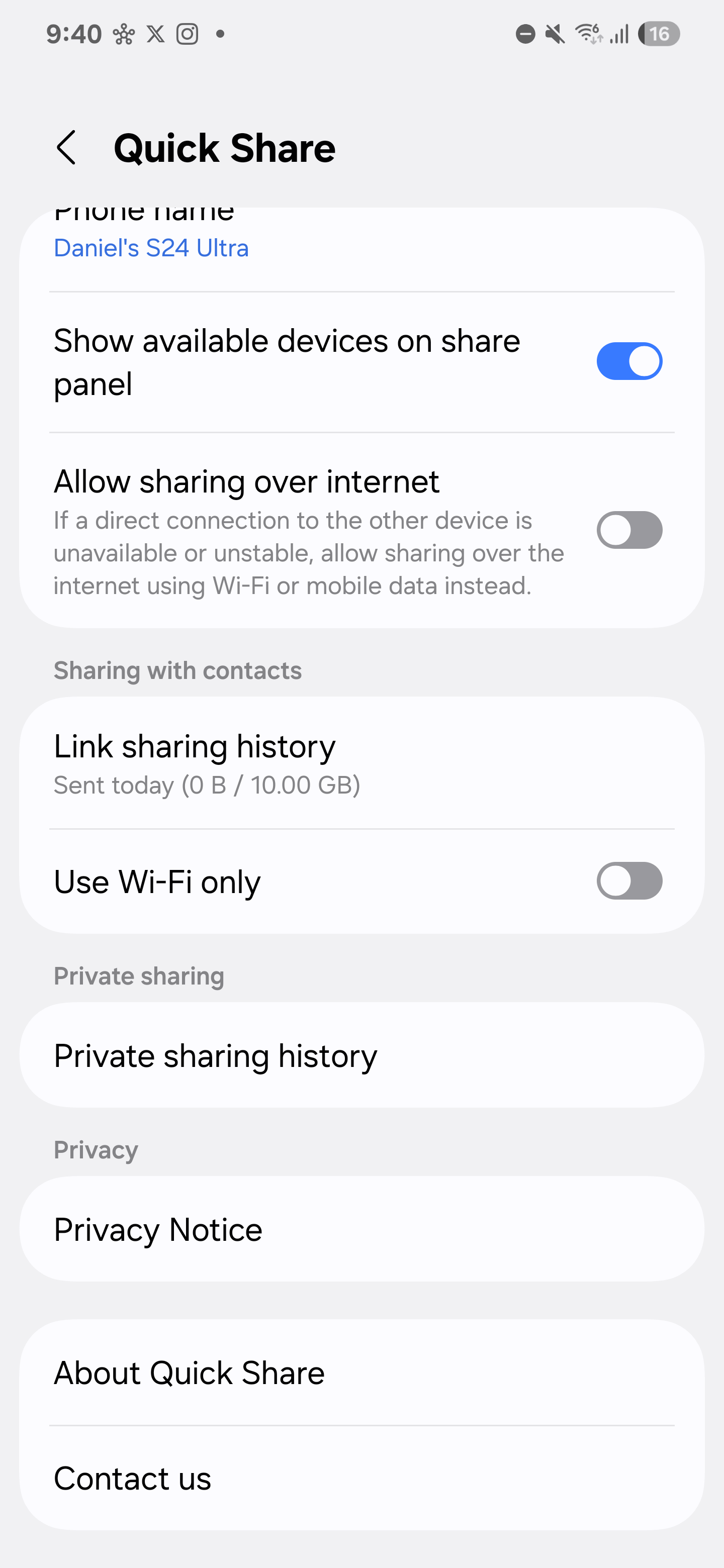 Capture d'écran des nouveaux paramètres de Quick Share