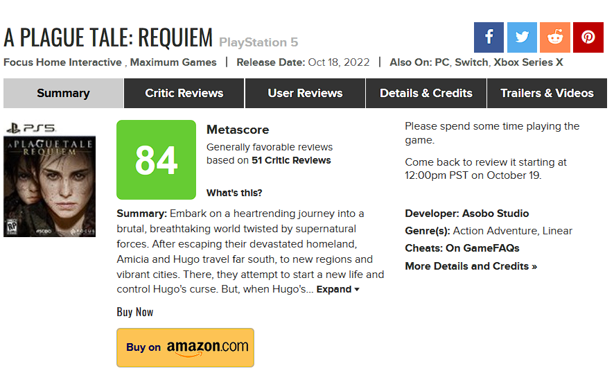 Premières estimations de A Plague Tale : Requiem. Le jeu est loué pour son histoire et ses graphismes, mais on note une mauvaise optimisation et des bugs.-2 Premières estimations de A Plague Tale : Requiem. Le jeu est loué pour son histoire et ses graphismes, mais on note une mauvaise optimisation et des bugs.-2