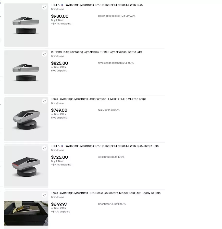 Capture d'écran des publicités pour le Cybertruck Tesla miniature à vendre Capture d'écran des publicités pour le Cybertruck Tesla miniature à vendre