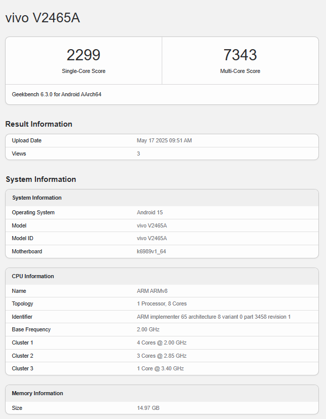 Test de Vivo S30 Pro Mini sur Geekbench Test de Vivo S30 Pro Mini sur Geekbench