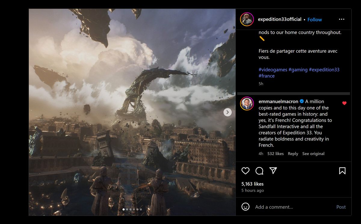 Le commentaire de Macron sur l'Expedition 33. Illustration : Instagram